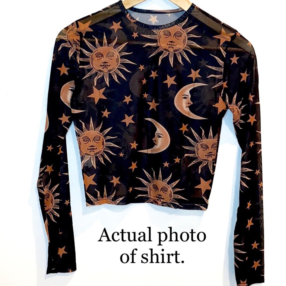 Sheer Black Top NEW Boho Sun Moon Stars Design - Picture 7 of 10